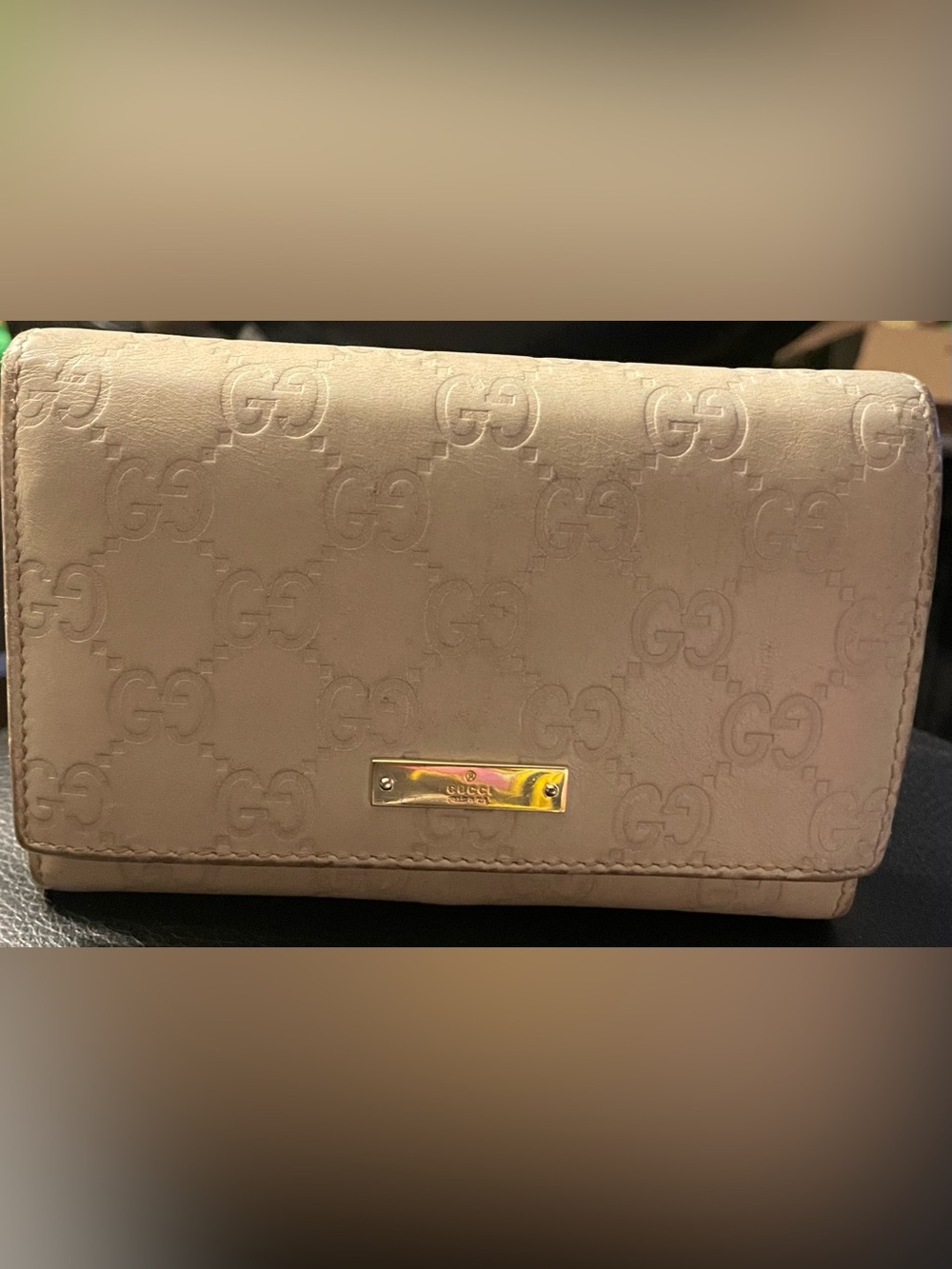 Gucci Embossed GG Leather Wallet - Beige with Gold Plaque